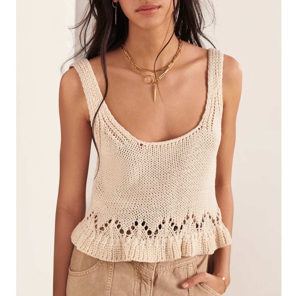ba&sh Sena Knit Crop Top Womens Medium Cream Cotton Knit Peplum Pointelle
